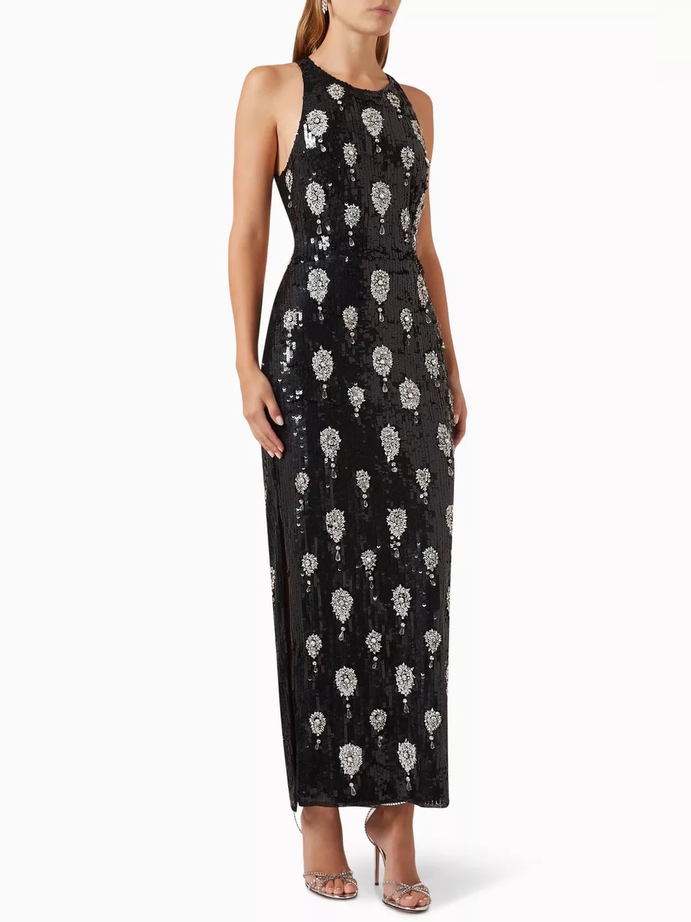 NWT Mac Duggal Black Maxi Dress with Silver Sequin Motifs- Size 8